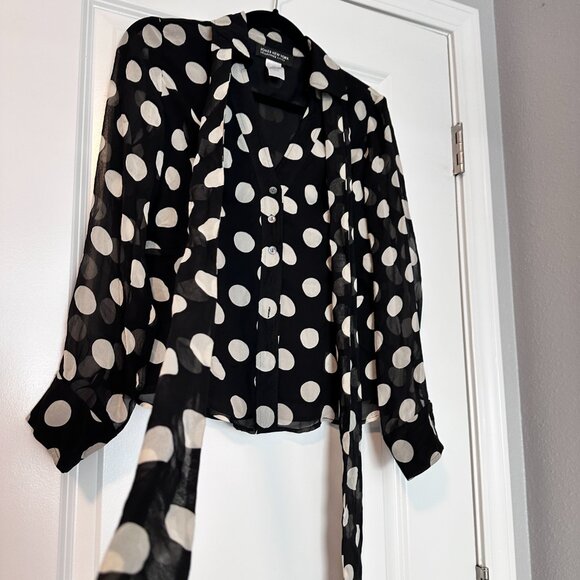 JONES NEW YORK PETITE  | Polka Dot Blouse w Sheer Sleeves | Blk White | Size: 6P - Picture 6 of 13